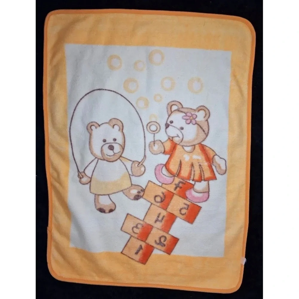 Playing Bears Fleece Orange Yellow Throw Blanket Hopscotch Jump Rope Bubbles BIG
